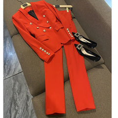 Office Ladies women&#39;s pantsuit Red Pink Business Classic Double-breasted Buttons Nine Blazer Pants Set Two Piece Formal Suits