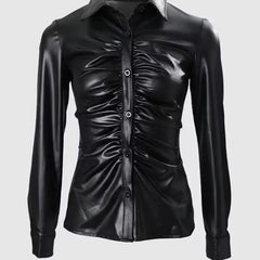 Tops Women 2022 Trendy Fashion Plain PU Leather Ruched Button Down Casual Long Sleeve Skinny Shirt All-Match Female