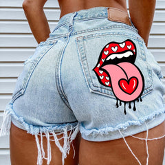 Hot summer women's shorts pockets, printed pattern, big stone love, ripped raw shorts INS influencer