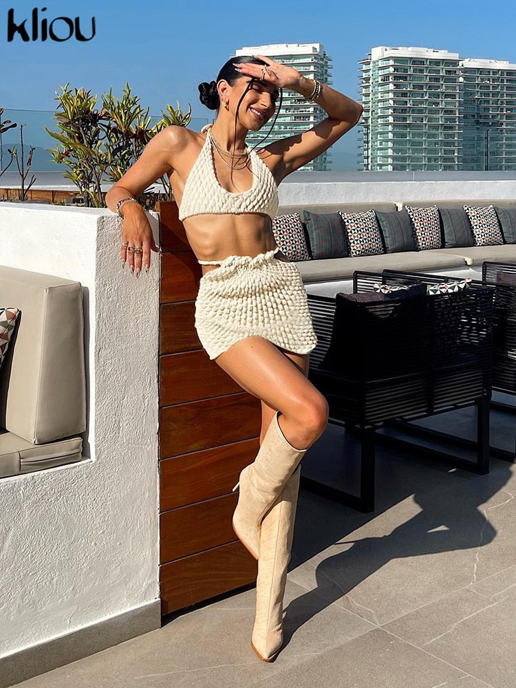 Kliou Stunning Stacked Two Piece Set Women Sexy Halter Lace Up Slim Crop Tops+Elegant Charming Solid Body-shaping Female Skirt