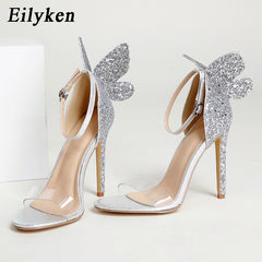 Eilyken 2022 New Summer Ankle Buckle Strap Sandals Shoes Fashion Bling Open Toe Cover Heels Woman Sequins PVC Transparent shoes