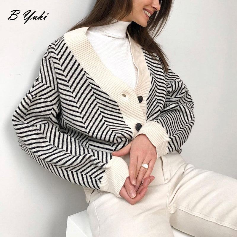Violette Oversized Striped V-Neck Knit Cardigan One-piece