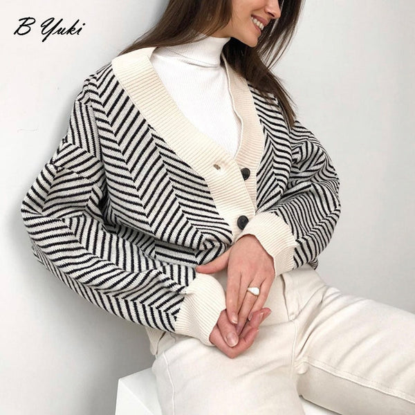 Violette Oversized Striped V-Neck Knit Cardigan One-piece