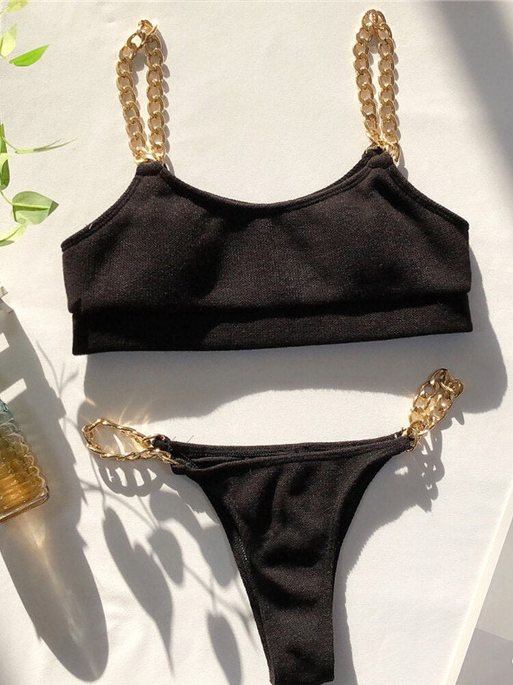 Peachtan Sexy bandeau bikini set 2021 Chain swimsuit female Black swimwear women Summer bathers bathing suit Mellatic biquini