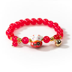 Contracted Red Beads Ceramic Bracelet Hand Woven Rope Beaded Plutus Cat Stretch Bracelet #Z684