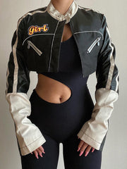 SUCHCUTE Korean Street Contrast Black White Print Leather Jackets Motorcycle O Neck PU Coats Zip Up Moto &amp; Biker Women Tops 가죽자켓