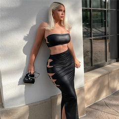 Graceful in Leather: The Two-Piece Skirt and Crop Top Set