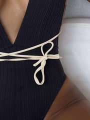 Solid Strapped Swimwear Sexy High Waist Cut One Piece Backless Hollow Belt Bathing Suit