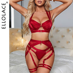 Ellolace Sexy Lingerie Fancy Underwear Erotic Garter Belt 4-Piece Intimate Goods Halter Bra With Bow Seductive Exotic Brief Sets