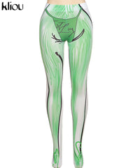 Kliou Gradient Print Foot Pants Women Fashion Medium Waist Body-Shaping Aesthetic Color Match Legging Streetwear Female Trousers