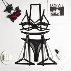Ellolace Lingerie Porn Erotic Costumes Sexy Thong Woman Hollow Out Bra Sex Suit Suspenders With Chain 3-Pieces