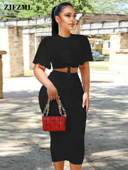 Neon Solid Bandage Two Piece Dress Sets Women Sexy Short Sleeve Crop Top and Ruched Skinny Mid Calf Skirt Fashion Clubwear Suit