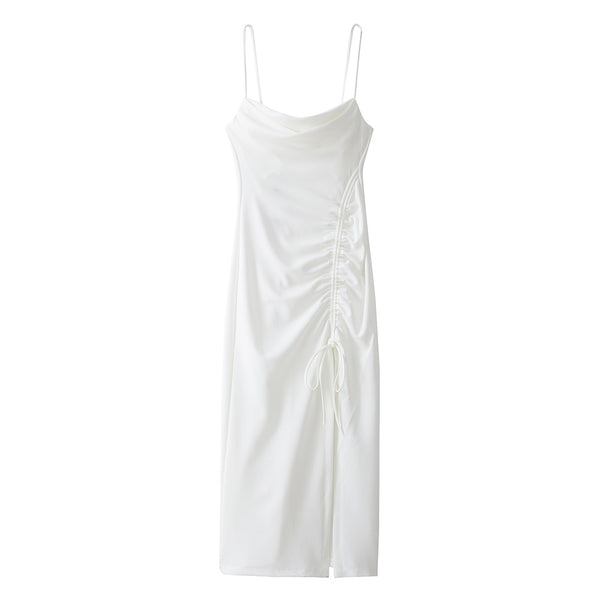 Dresses For Women Party Cowl Neck Sleeveless Spaghetti Strap Summer Midi Dress Ruched Drawstring Front Slit Sexy Bodycon Dress