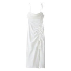 Dresses For Women Party Cowl Neck Sleeveless Spaghetti Strap Summer Midi Dress Ruched Drawstring Front Slit Sexy Bodycon Dress