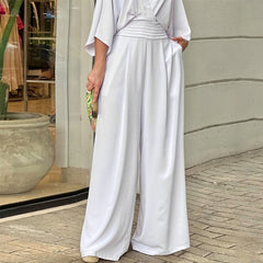 Jumpsuit Short Bat Sleeve V Neck Backless Nipped Waist Loose Wide Legs Casual Pants Romper