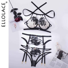 Ellolace Lingeries Fancy Underwear 3-Pieces Sensual Erotic Sets Luxury Lace Transparent Halter Bra Cut Out Panties Intimate Set