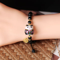 Chinese Style Cute Ceramic Fortune Cat Fu Bracelet Kawaii Fortune Wish Men Women Red String Bracelet Fashion Jewelry