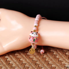 Chinese Style Cute Ceramic Fortune Cat Fu Bracelet Kawaii Fortune Wish Men Women Red String Bracelet Fashion Jewelry