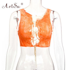 ArtSu Red Black White Metal Chain Sleeveless Crop Top Sexy Clubwear Women Adjustable Lace Up Hollow Out Tank Tops Tees Camisole