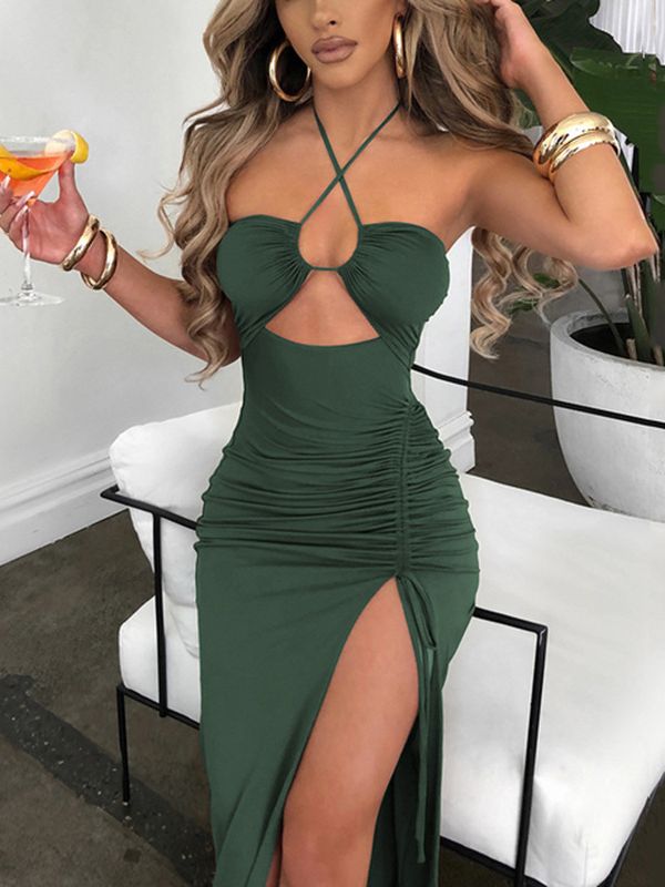 Sophia's Halter Backless Sleeveless Cut Out Maxi Dress Elegant Slit Dress