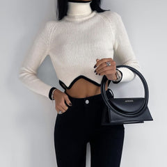 Turtleneck Crop Solid Knitted Long Sleeve Slim Pullovers Jumpers Knitwear