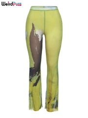 Weird Puss Mesh Tie Dye Straight Pants Women Sexy Summer Trend See Through Thin Skinny Streetwear Wild Elastic Activity Bottoms