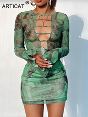 Articat Mesh Tie-dye Hollow Out O-neck Top Wrap Short Skirt 2 Pieces Set Women Printing Petal Long Sleeve Skirt Suit Streetwear