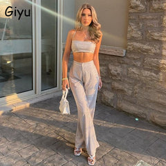 Giyu Fashion Glitter Two Piece Set Women Club Party Sexy Crop Top Pants Sets Summer Casual Spaghetti Strap Backless Slim Outfits