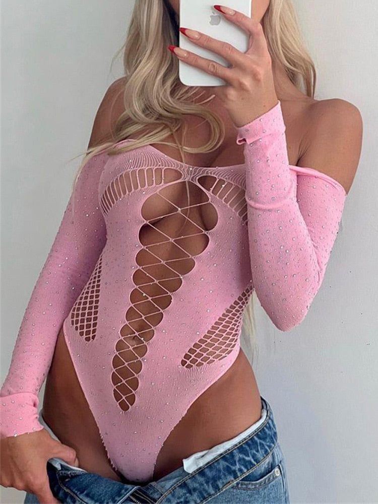 Celina Rhinestone Mesh Bodysuit One-piece