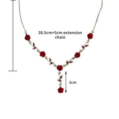 Vintage Red Rose Flower Necklace Bracelet Earring Jewelry Set Tassel Earring Clavicle Chain
