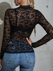 Hollow Out Floral Lace Blouse Women Elegant Long Sleeve Top Vintage Female Shirt Korean Chic Black Transparent Sexy Cropped Tops