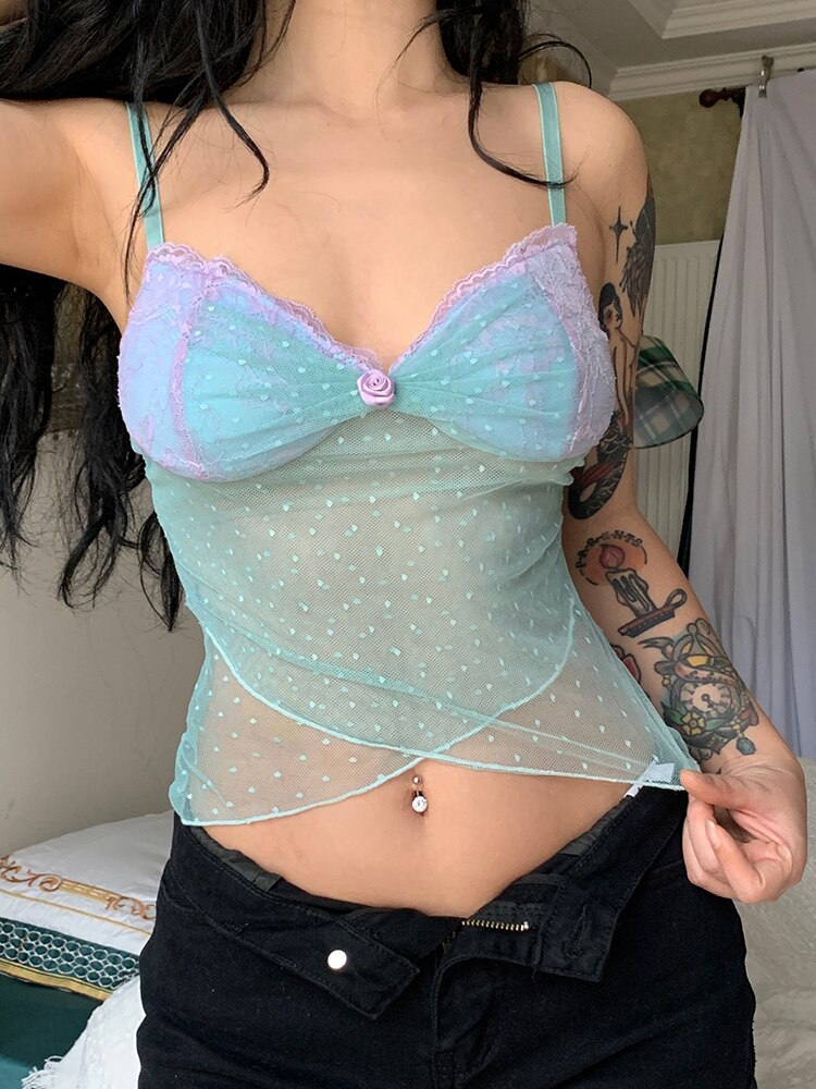 Rapcopter Y2K Lace Crop Top Floral Dot Printed Mini Vest Women See Through Cross Camis Chic Retro Cute Summer Sweats Fairycore