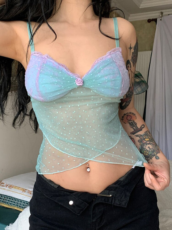 Rapcopter Y2K Lace Crop Top Floral Dot Printed Mini Vest Women See Through Cross Camis Chic Retro Cute Summer Sweats Fairycore