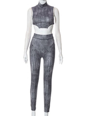 Hugcitar Bright Line Solid Sleeveless Turtleneck Lace Up Crop Top Pants 2 Pcs Set Summer Fashion Streetwear Outfits Dropshipping