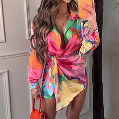 Fandy Lokar Turn Down Collar Dresses Women Fashion Asymmetrical Printed Dress Women Elegant Long Sleeve Dresses Female Ladies
