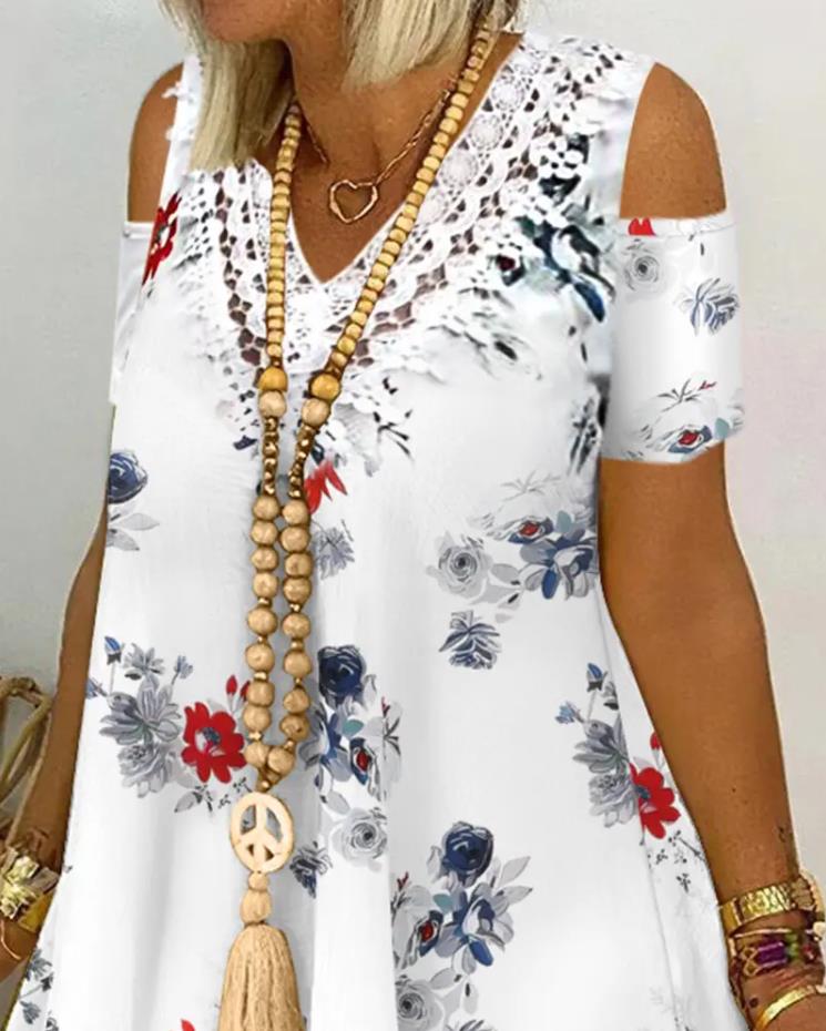 Shorts Set For Women 2022 Summer Casual Fashion Floral Print Cold Shoulder Tassel Flowy Short Sleeve Top &amp; Shorts Set