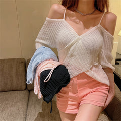 Fines blouses V-neck Strapless Sweater Women Summer New Slim Irregular Bottoming shirt Short-sleeved Top Women Shirts