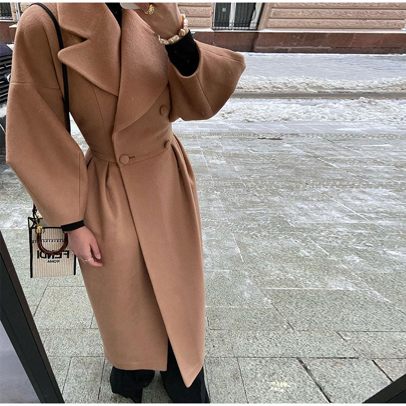 Autumn Women Woolen Coat Thick Lapel Lantern Sleeve Office Lady Long Jackets Double-Breasted New in Outerwears Female Coats