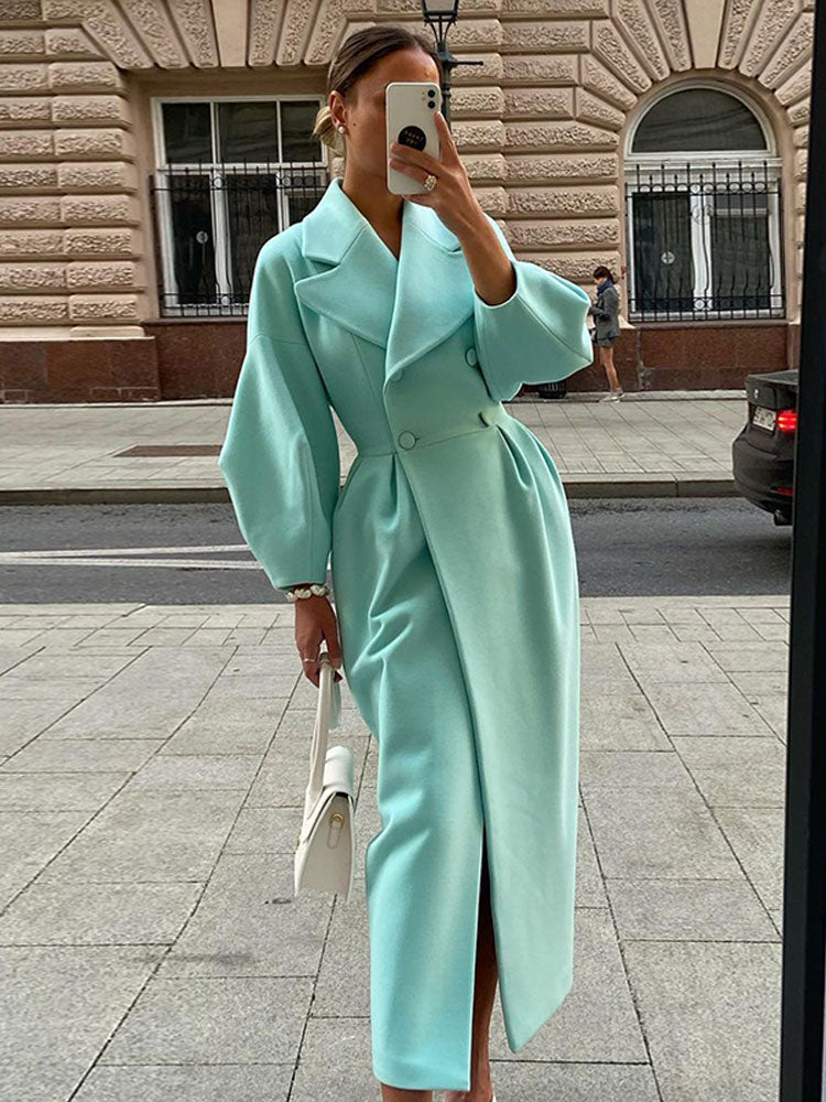Autumn Women Woolen Coat Thick Lapel Lantern Sleeve Office Lady Long Jackets Double-Breasted New in Outerwears Female Coats