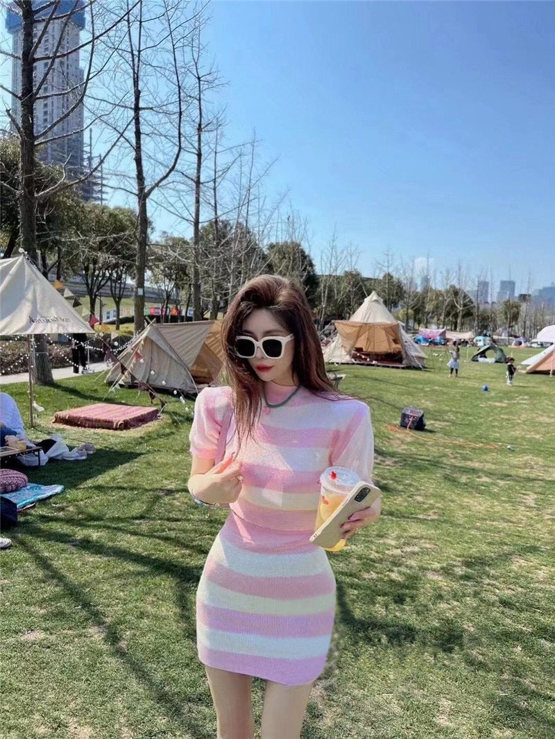 Buttons O-Neck Short-Sleeve Knitting Shirt+Mini Skirt 3-Piece Set Women&#39;s Sweater Cardigan Summer Fall 2021 New Korea Sweet Suit