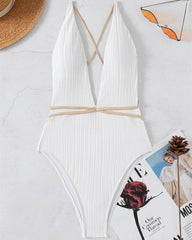 Plain Ribbed Lace Up Plunging One-Piece Swimsuit