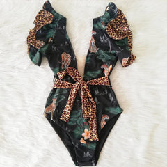 Ruffle Print One Piece Swimsuit Off The Shoulder Solid Deep-V Bathing Suit