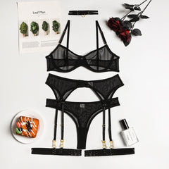 Neon Pink Lingerie Women Sexy Nightwear Lace Mesh Sheer Underwear Set 4 Pices Push Up Bra and Panties with Garter Halter Suit