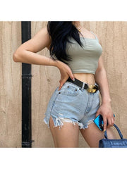 WOMENGAGA Korea High Waist Slimming Ripped Holes Raw Edges Denim Shorts Sexy Women&#39;s Clothing Tassel Sexy Girl Female 4QRZ