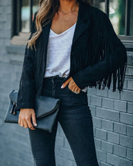 Women Y2k Fringed Hem Tassel Cardigan Crop Tops E-girl Motor Biker Jacket Suede Leather Jacket 90s Vintage Streetwear Coat Cool
