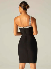 Sexy One Shoulder Diamond Hollow Bodycon Bandage Dress Elegant Crystal Strap Celebrity Club Party Black Dress vestido