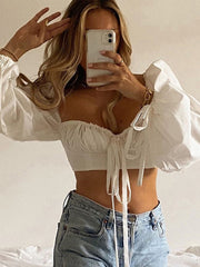 Cryptographic White Balloon Sleeve Elegant Women Top and Blouse Shirts Autumn 2022 Sexy Backless Crop Tops Solid Fashion Blusas