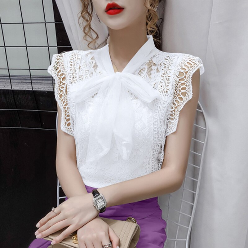 Solid Hollow Out Shirt Korean Fashion Clothing Vintage Sleeveless 2022 Womens Tops and Blouses Lace Patchwork Blusas 9811