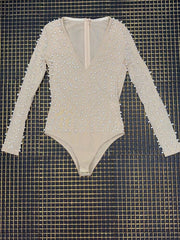 Vero Sinly Beach Fashion Sexy V Neck Mesh Beading Pearl Khaki Women Bodysuit 2022 Celebrity Designer Fashion Beachwear Bodysuit