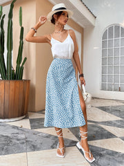 Split Thigh Allover Print Skirts Slit Long Length High Waist With Zipper Slight Stretch